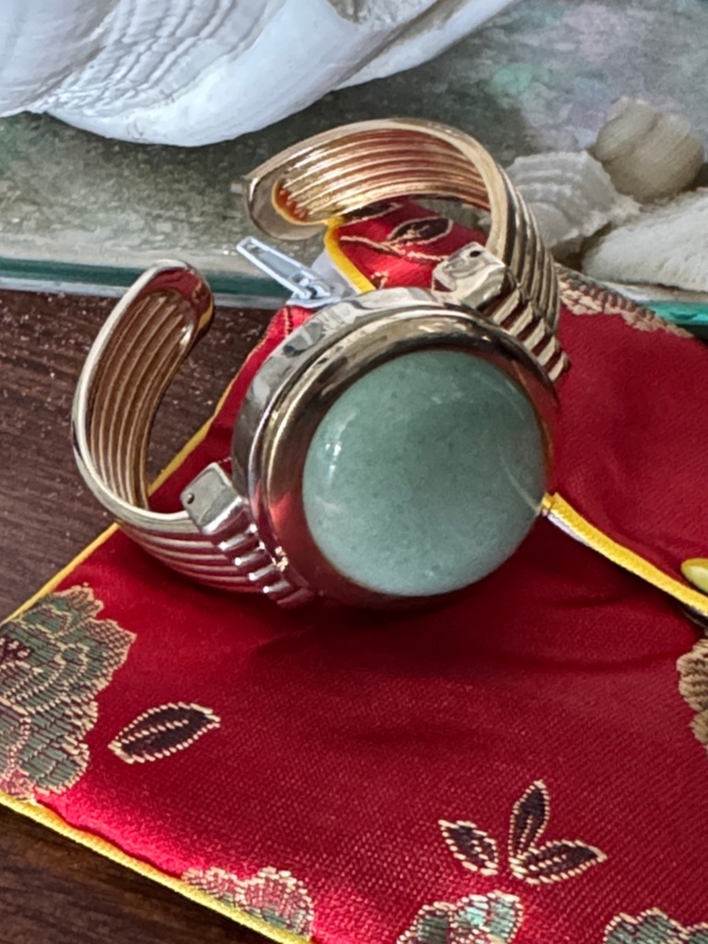Silver Cuff Bracelet with Green Stone